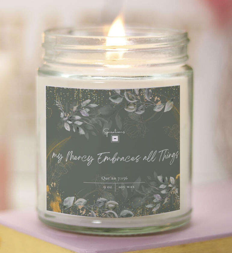 Prayer Meditation Candle Sacred Space Collection Natural Soy Coconut Wax Blend Spiritual Gift Set Elegant Lid Frosted Glass Container Sage Green Label Silver Leaf Design Wood wick Aromatherapy Benefits Divine Message Collection Peaceful Home