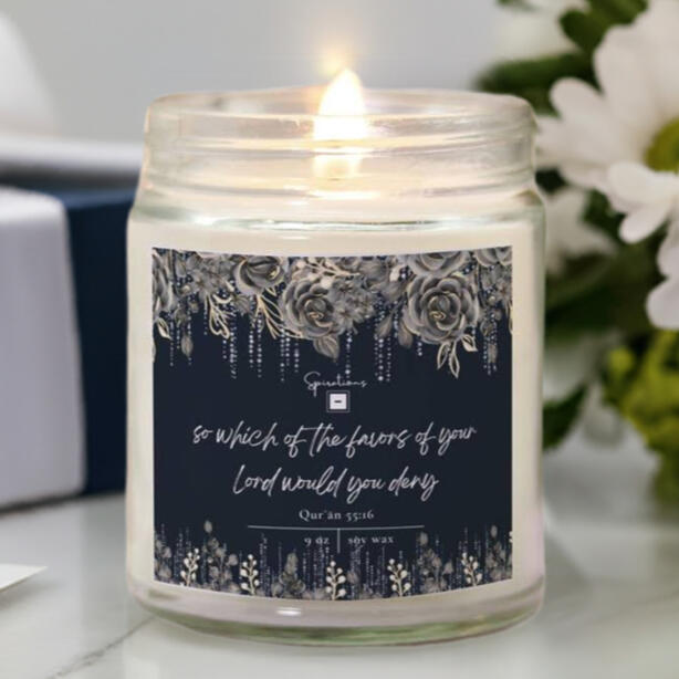 Islamic Candle Quran Verse Design Handmade Soy Wax Glass Container Muslim Gift Collection Ramadan Present Special Home Decor Beautiful Floral Label Spiritual Message Arabic Text Wedding Birthday Gift Perfect Religious Decor Essential