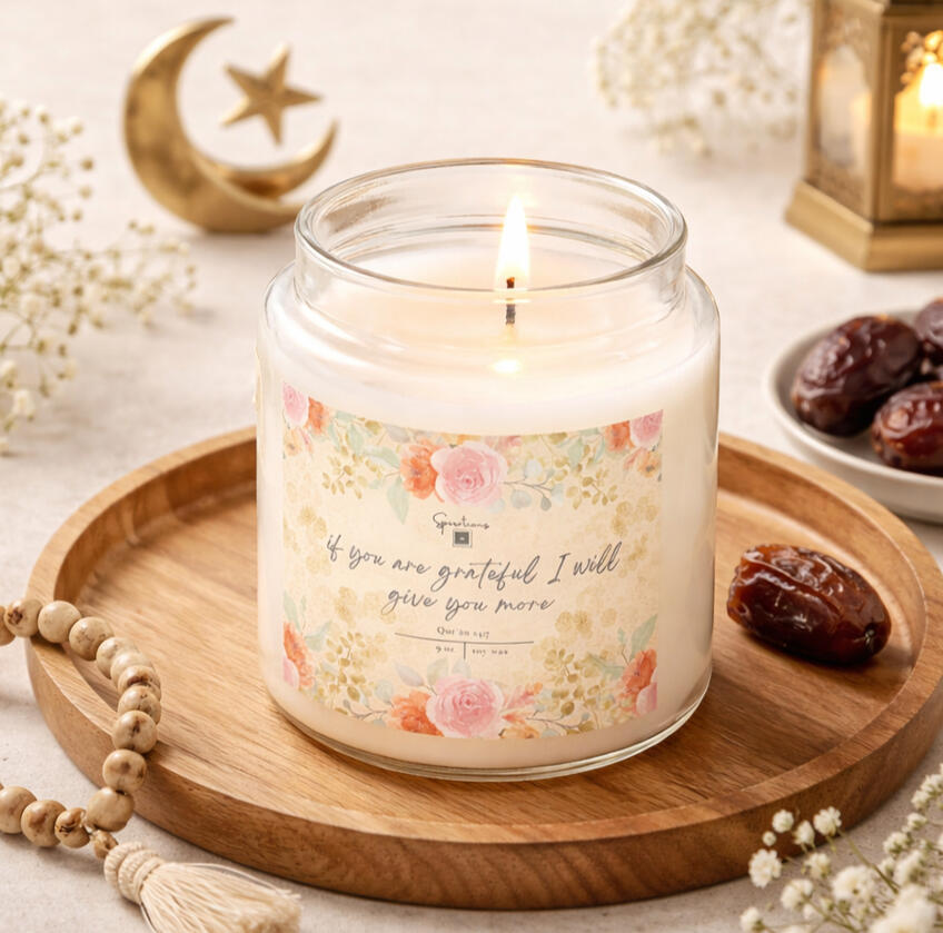 Islamic Prayer Meditation Apothecary Candle Rose Aromatherapy Candle Islamic Prayer Design Spiritual Gift Idea Glass Container Gold Lid Elegant Prayer Room Accessory Meditation Space Enhancer Beautiful Pink Aesthetic Inspirational Quote Message Wellness Support Item Religious