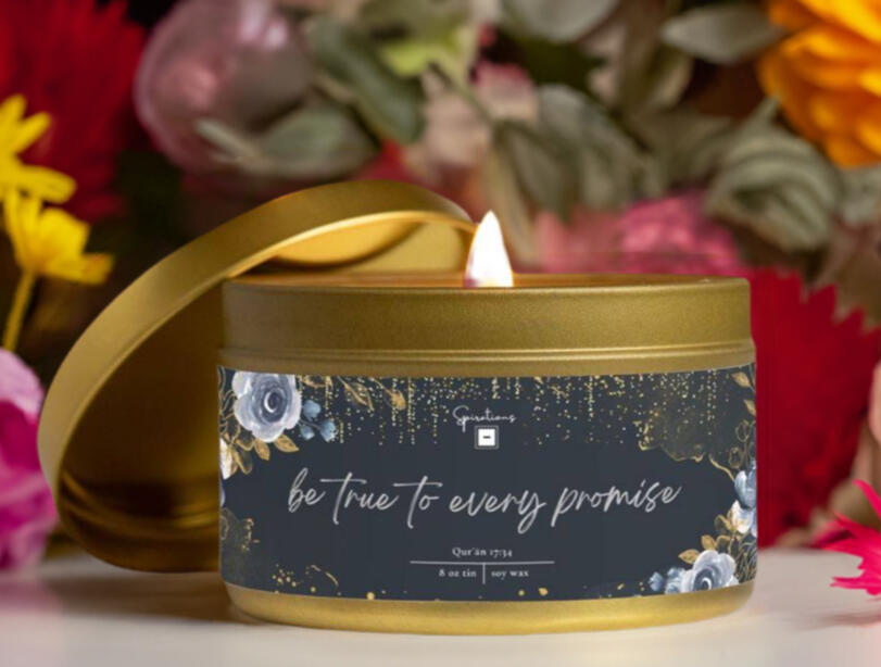 Handcrafted Islamic Candle Natural Soy Wax Cotton Wick Construction Muslim Home Blessing Prayer Space Decor Religious Art Design Premium Quality Build Quran Verse Detail Navy Gold Floral Pattern Spiritual Gift Collection