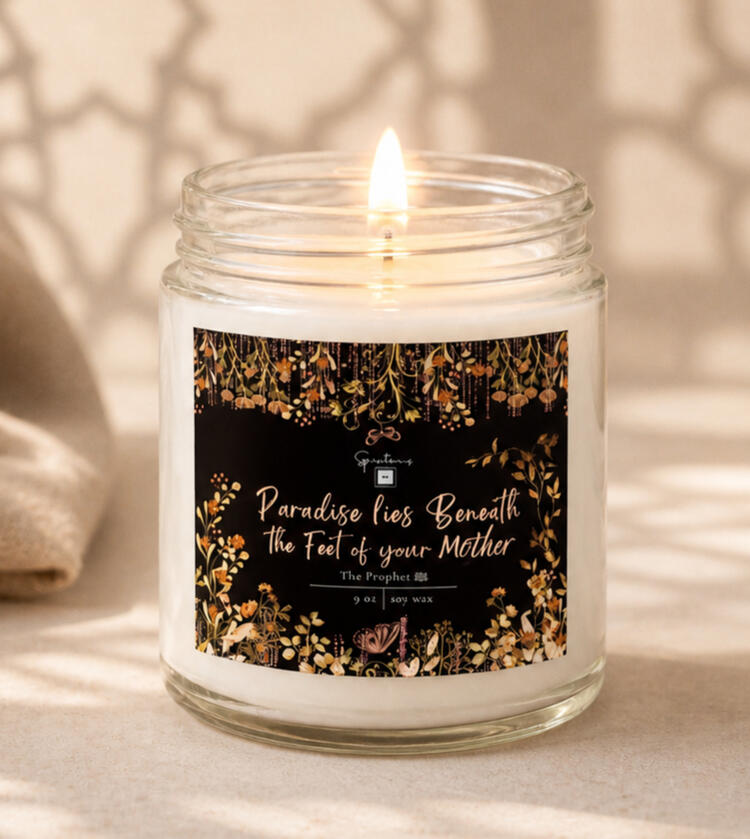 Islamic Mother Day Candle Present for Mom Islamic Mother Day Gift Spiritual Candle Clear Glass Container Gold Floral Design Black Label Paradise Hadith Quote Religious Home Decor Soy Wax Candle Muslim Mom Present Beautiful Butterfly Pattern Elegant Room Accent Special Occasion Gift