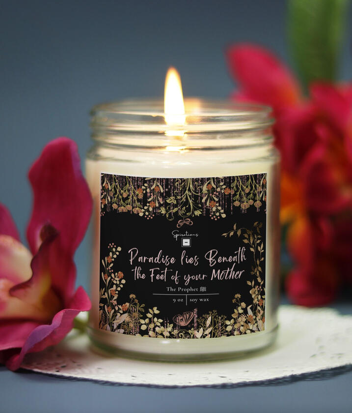 Islamic Mother Day Gift Spiritual Candle Clear Glass Container Gold Floral Design Black Label Paradise Hadith Quote Religious Home Decor Soy Wax Candle Muslim Mom Present Beautiful Butterfly Pattern Elegant Room Accent Special Occasion Gift